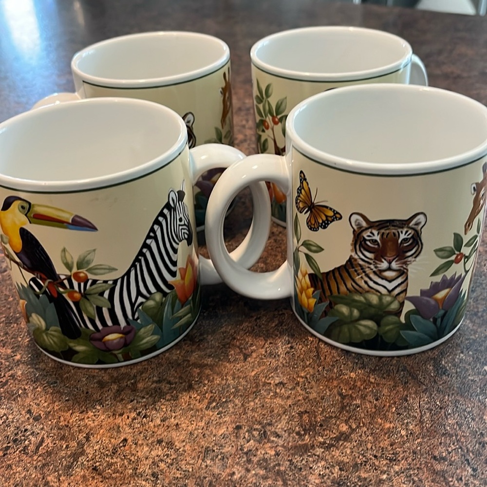 4 SAKURA Oneida Jungle Animals VTG stoneware coffee mugs by Stephanie Stouffer
